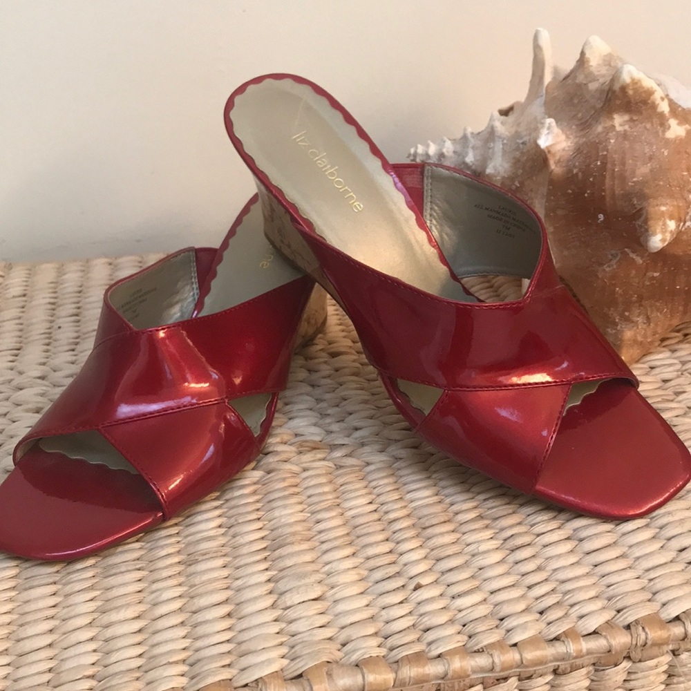 Metallic red Liz Claiborne wedge sandals.